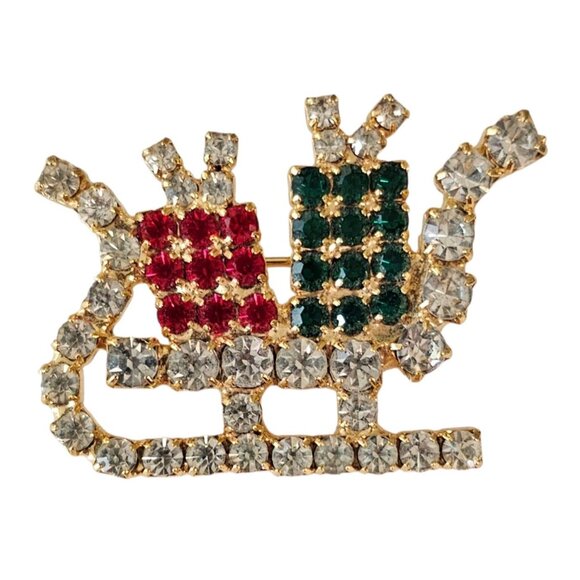 Santa's Sleigh Brooch Vintage Green Red Rhinestone Pin - Picture 2 of 9
